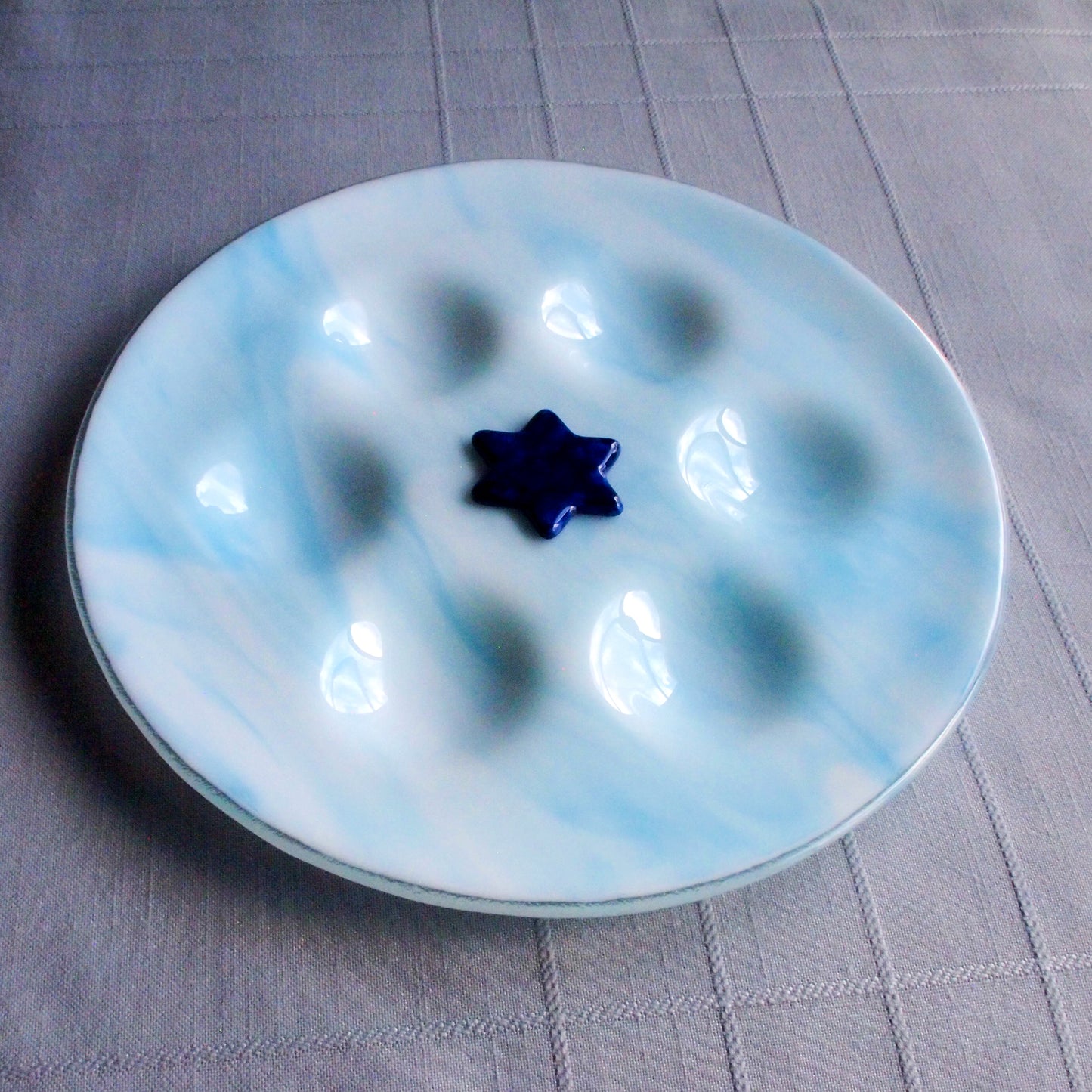 Blue and White Glass Seder Plate